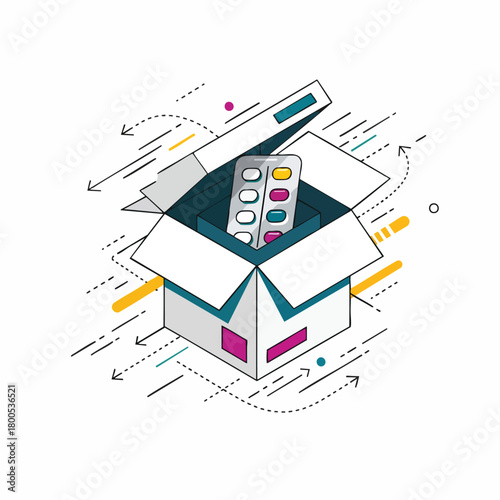 An illustrated image depicts a cardboard box with a blister pack of pills inside, symbolizing healthcare and medicine concepts for design.