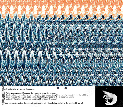 Optical illusion stereogram with hidden 3D shrimp shape