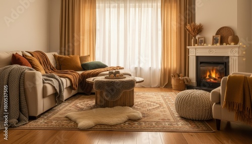 Warm and cozy living room interior with layered fabrics and natural light