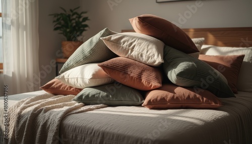 Stacked pillows with warm soft shadows on a bed