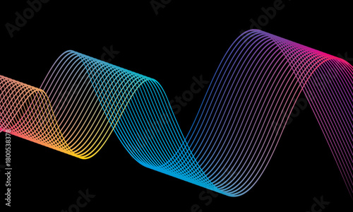 Abstract vector in colorful gradations on a dark background. Modern, dynamic and futuristic wavy lines. Suitable for technology designs, digital posters, presentation backgrounds and creative graphic	