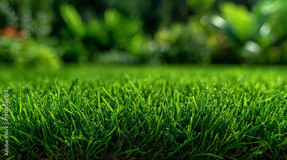 Fototapeta premium Wide view of lush green grass under bright sunlight, forming a clean, natural lawn background with vivid texture and fresh outdoor atmosphere.