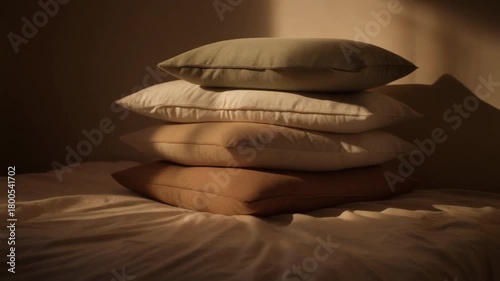 Stacked pillows with warm soft shadows on a bed