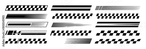 Racing Car with Speed Stripes, Angled Checkered Patterns, Motorsport Graphics, Sport Decals, Finish Line, and Dynamic Vehicle Lines