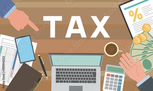 TAXの文字とビジネスシーンのイラスト