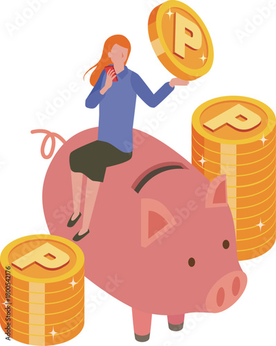 ブタの貯金箱とポイントを貯める女性
