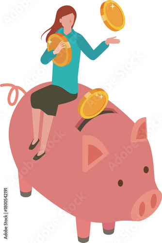 ブタの貯金箱とお金を貯める女性