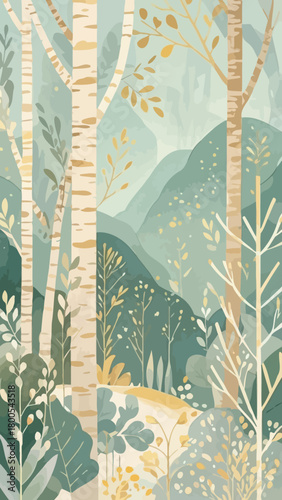 Watercolor Forest Landscape Mobile Wallpaper Serene Winter Abstract Art with White Birch Trees and Gold Leaf Accents for Phone Screen Background