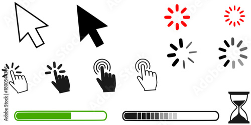 Computer mouse click cursor gray arrow icons set and loading icons. Cursor icon. Mouse click cursor collection.
