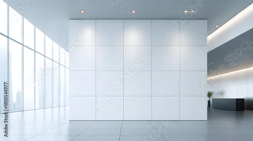 Fototapeta Minimalist Interior: An expansive, sunlit commercial space is shown in a modern interior, featuring sleek design elements, abundant natural light, and clean, architectural lines.