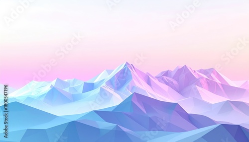 A pastel-colored low poly illustration depicts a mountain range under a gradient sky, using triangular facets for the peaks