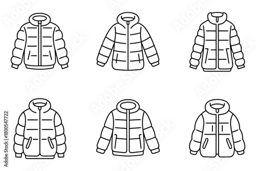 Puffer Jacket Sketch Line Art, Minimal Fashion Design, Outerwear Clothing Drawing for Apparel, Flat Vector Artwork