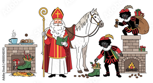 Saint Nicholas and companions preparing gifts by the fireplace on a festive winter night