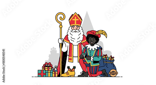 Quadro su tela A kindly bishop figure and his costumed companion with a sack of presents, celeb