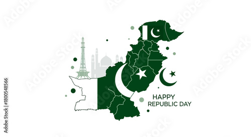 Patriotic illustration of Pakistan's map, featuring iconic landmarks and national flag elements, celebrating a significant national holiday