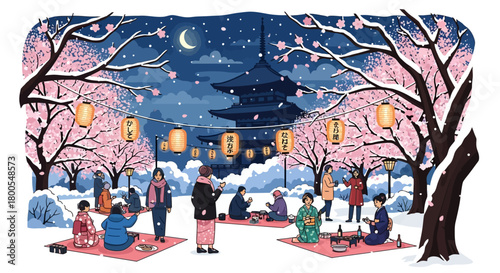 Winter Scene of a Japanese Festival with Cherry Blossoms and Lanterns During a Snowy Night
