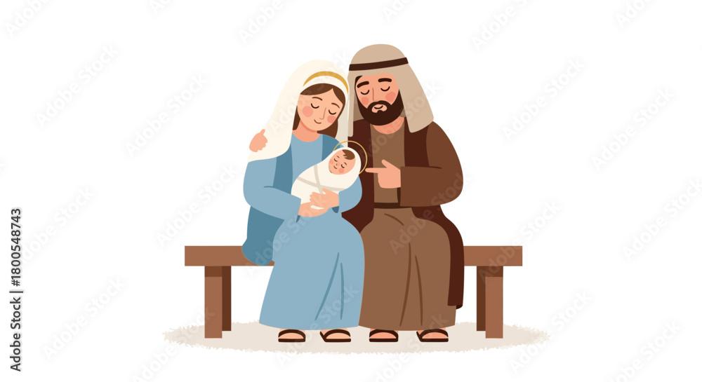 Fototapeta premium The Holy Family A Peaceful Depiction of Mary, Joseph, and Baby Jesus on a Bench
