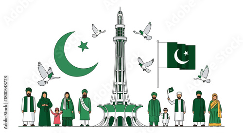 Celebrating Pakistan A Green and White Illustration Featuring Iconic Landmarks and Cultural Figures