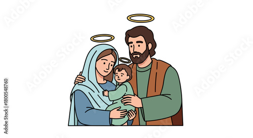 Outline illustration of a devoted family with halos, mother holding baby, father embracing them, symbolizing faith and spiritual bond