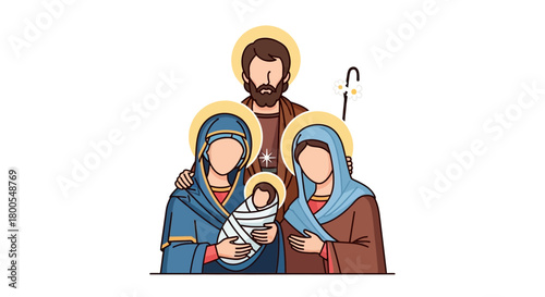 Illustrated Holy Family nativity scene with baby Jesus, Mary, and Joseph. A Christian vector graphic for Christmas celebration