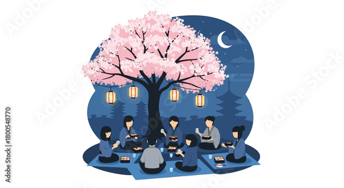 Japanese friends enjoying a traditional Hanami festival picnic under a blooming sakura tree at night