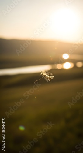 A serene landscape scene during sunset with a single dandelion puff floating in the foreground and warm sunlight reflecting off a body of water in the background