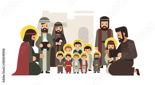 Stylized vector illustration of a spiritual leader teaching disciples and children, symbolizing ancient wisdom, faith, and community values