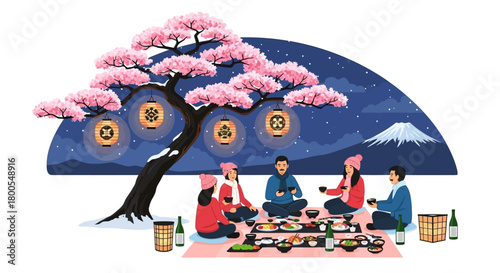 Japanese Cherry Blossom Picnic Enjoying Food, Drinks, and Winter Scenery with Friends