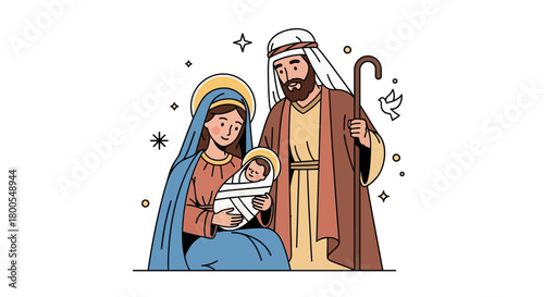 Traditional Christian Nativity scene depicted in a modern, clean line art style with the Holy Family and baby Jesus