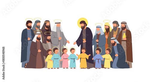 Jesus welcoming children and followers, a heartwarming scene of faith and community