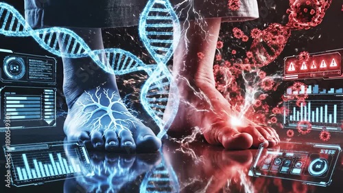 Two bare feet symbolize health and disease, surrounded by futuristic graphics, DNA, and medical data
