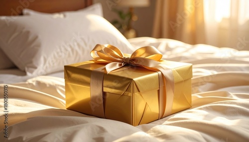 Golden gift box tied with satin ribbon rests on rumpled, inviting bedsheets, illuminated by soft, warm morning light