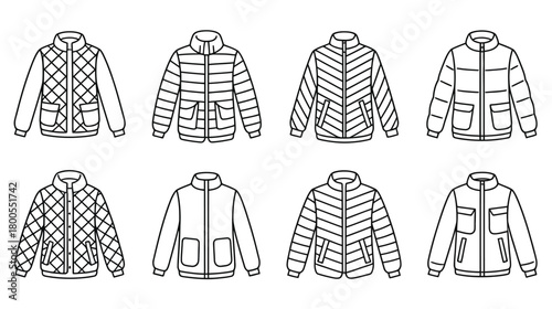 Eight Puffer Jacket Silhouette Vector Designs, Minimal Black and White Outerwear Collection for Fashion Illustration and Clothing Graphics
