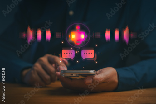 Voice chatbot technology concept, person using smartphone with glowing AI bot, sound wave, chat icon, symbolizing voice assistant, automated messaging, smart communication, and digital interaction.