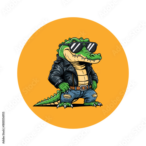Vector graphic illustration of a biker style crocodile character, looking confident, for t-shirt design and logo mascot