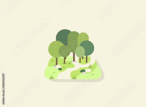 Stylized summer landscape with winding footpath and lush trees, perfect for environmental projects or nature-themed designs, with a calm, serene atmosphere