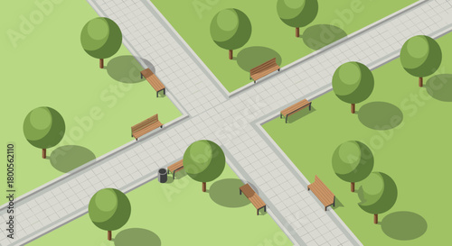 Isometric park scene offers serene escape with inviting benches and lush green trees, perfect for urban planning visualizations and landscape designs