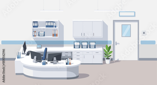 Modern hospital reception area featuring a sleek desk, computers, and organized shelves, perfect for healthcare or medical business concepts and design projects