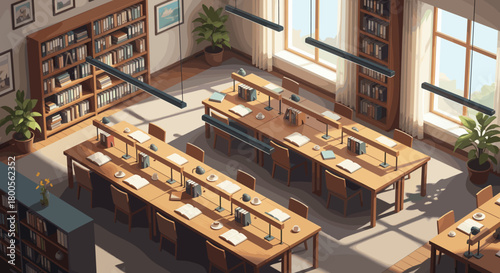 Quiet study room with books and sunlight, perfect for learning, research, or focused work, creating a serene and productive atmosphere for students and scholars