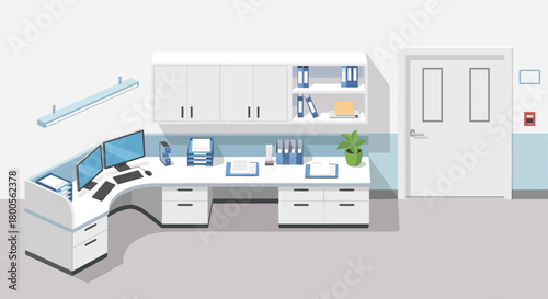 Modern reception area with dual monitors and organized paperwork, perfect for healthcare or corporate environment, conveying professionalism and efficiency