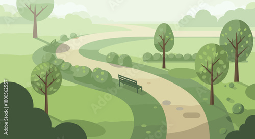 Peaceful park scene with winding path and benches invites relaxation and contemplation in nature's serene embrace, ideal for mindful wellbeing campaigns