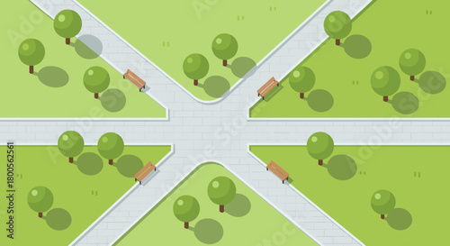 Peaceful park illustration with inviting benches and lush trees, perfect for urban planning, recreation, or community projects, conveying serenity and nature