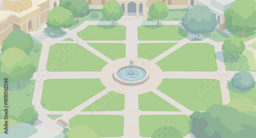 Peaceful university campus illustration with fountain, idyllic green spaces for student life and campus promotional material, promoting higher education