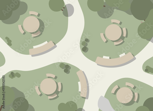 Peaceful park scene with tables and benches, perfect for relaxation or a serene picnic, offering a calming escape into nature's embrace