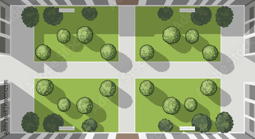 Elegant landscape design showcasing community green spaces and manicured trees in a modern architectural setting, perfect for urban planning concepts.