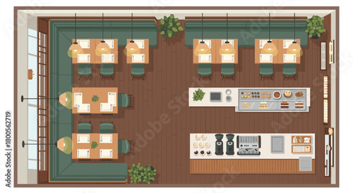 Stylish restaurant layout with tables, chairs, and coffee bar, perfect for showcasing hospitality design or architectural visualization projects