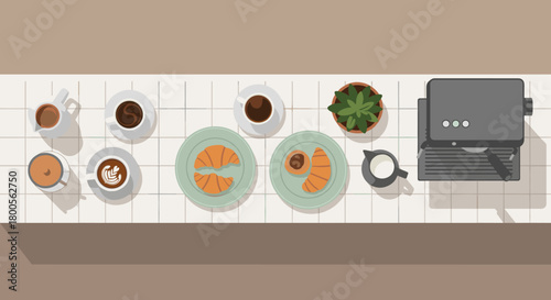 Enjoy the simple pleasures with coffee, croissants, and a plant on the tiled counter, creating a moment of peace and comfort in a modern kitchen setting