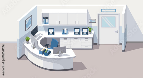 Modern medical reception area ready for patients, creating a professional and welcoming atmosphere for healthcare businesses and hospitals, clean aesthetic.