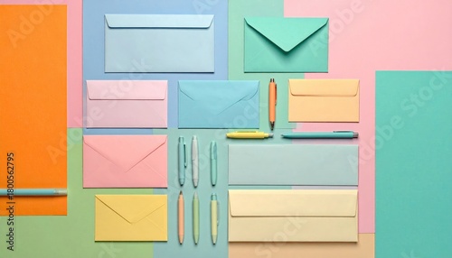 Colorful envelopes and pens arranged on a pastel geometric background, flat lay, top view