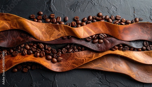 Close-up composition of roasted coffee beans nestled within leather strips, on a rough, dark surface